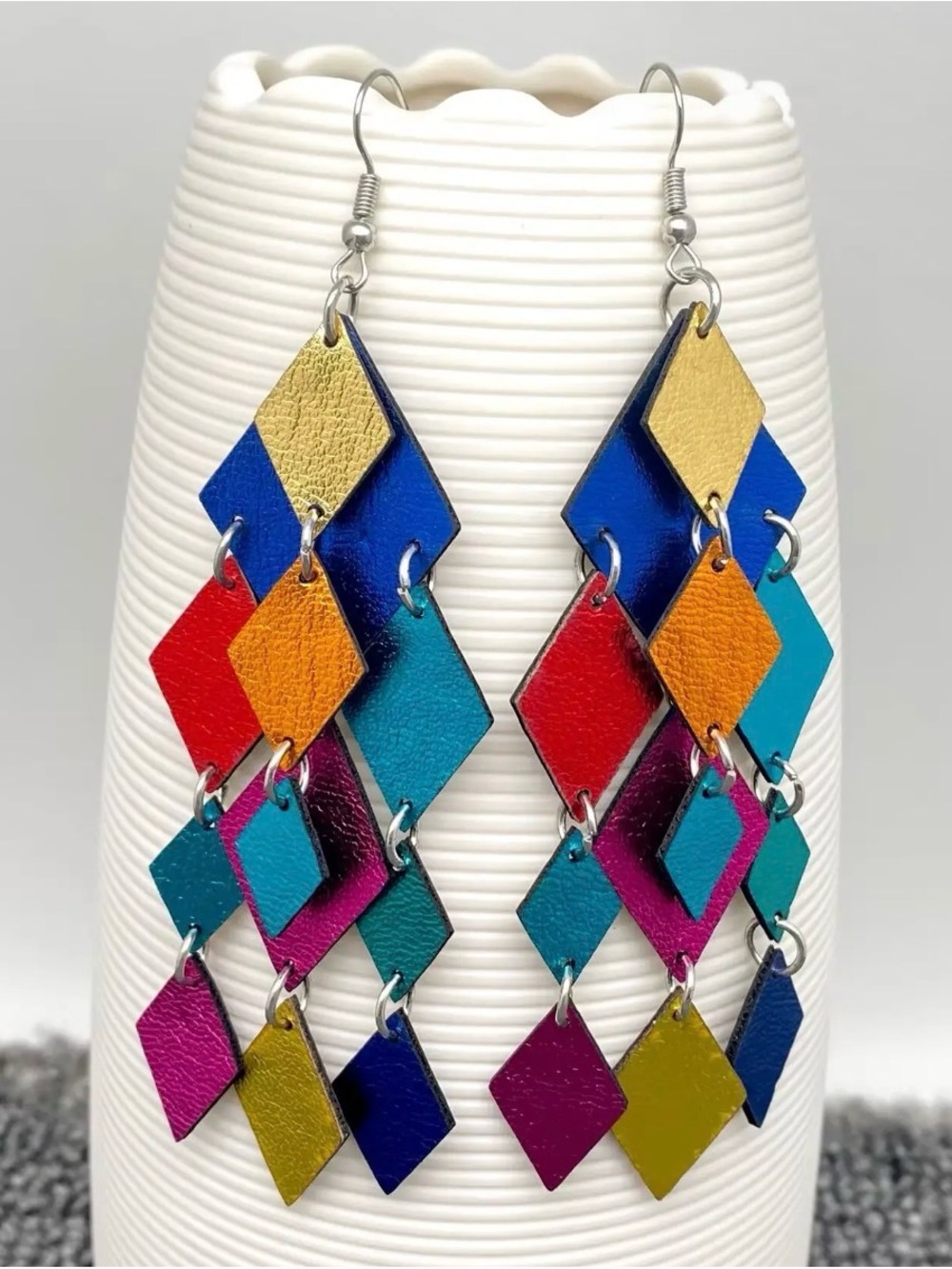 Faux Leather Colorful Multi-Diamond Dangle Earrings